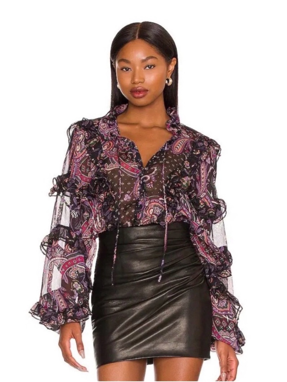 Misa Los Angeles Black Paisley Ruffle Sheer Blouse with Pink Accents